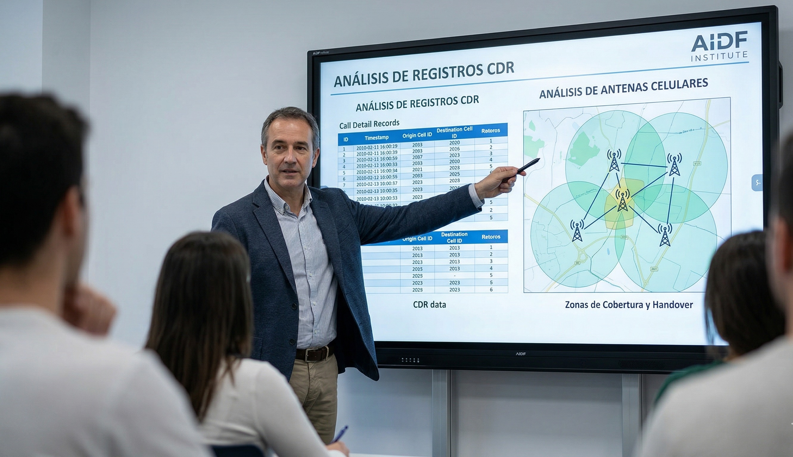 Profesor enseñando análisis de CDR y antenas celulares en AIDF